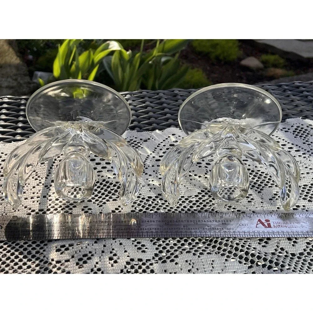 1960s Vintage Glass Lotus Candle Holders Pair Mid Century  Wheat Sheaf/winged